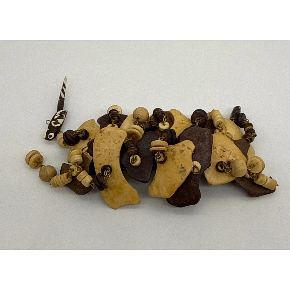 Vintage Tropical Wood Parrot‎ Barrette Beaded Bird Hair Clip Brown Cream Boho
